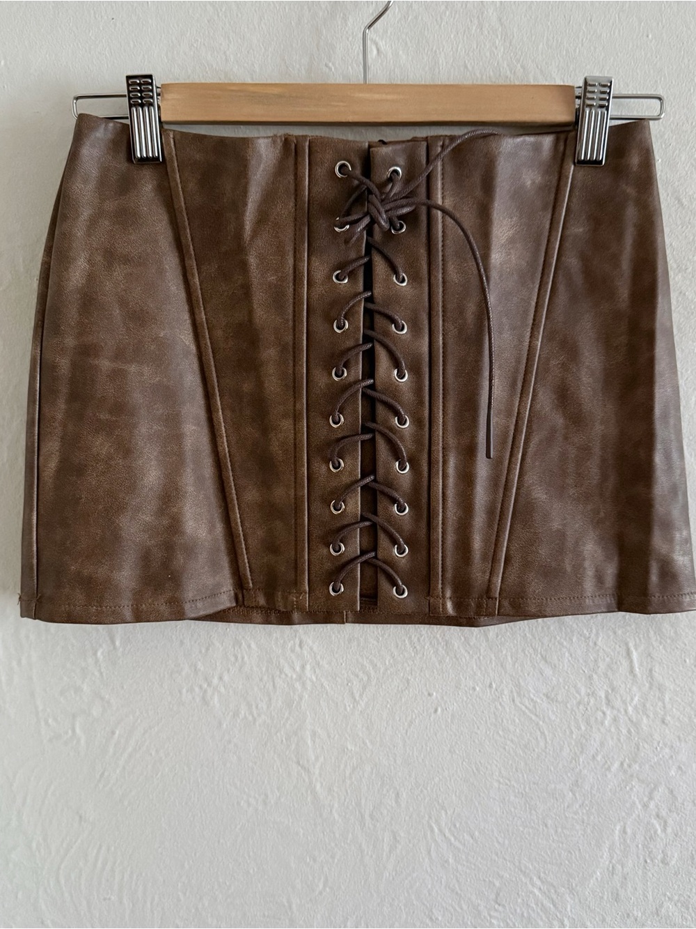 Edikted Brown Lace-Up Faux Leather Mini Skirt Size XS